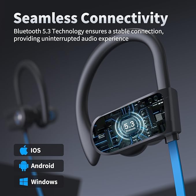 JOYWISE Wireless Headphones Bluetooth 5.3 Headphones with 16 Hours Playtime, Over-Ear Stereo Bass Earphones with Earhooks Headset, Sports Earbuds with Storage Bag for Running, Blue