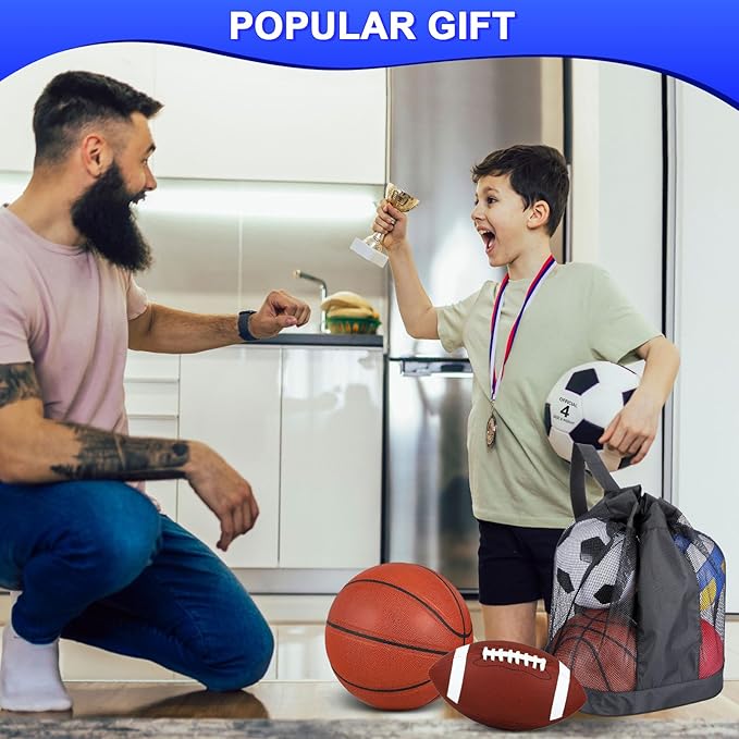 Liliful 8 Pcs Sport Balls Set with Pump Mesh Bag Gifts for Kid Teen Operation Christmas Basketball Soccer Football Playground Ball for Christian Charity Donation Student Team PE Class