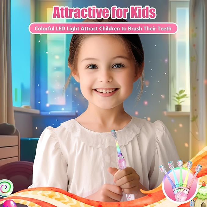 Kids Electric Toothbrush Toddler Toothbrush Age 2-4-8-12 Girls Electric Toothbrush with Timer Rainbow LED Light Up Vibrating Toothbrush Battery Operated Childrens Sonic Tooth Brush (Pink Giraffe)