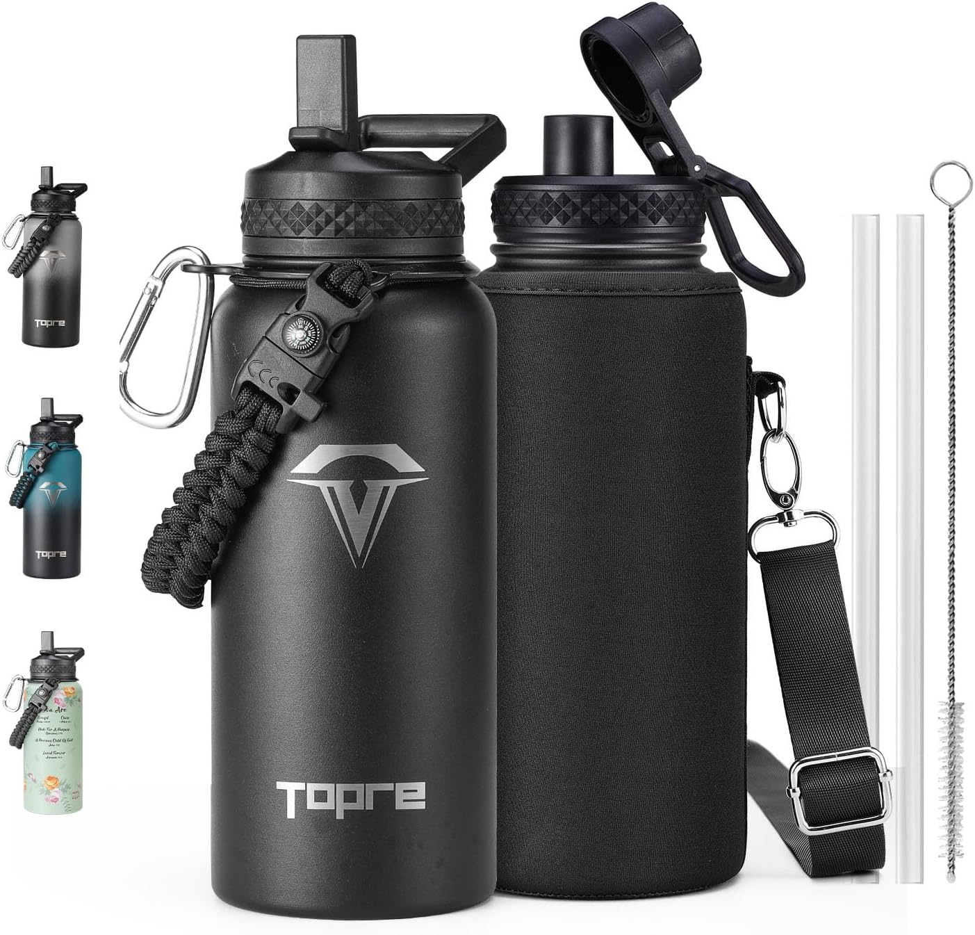 32oz Insulated Water Bottle,Stainless Steel Vacuum Water Bottle, BPA-Free & Leakproof -with Paracord Handle,Strap,Straw Spout Lids,Large Water Jug for Gym Sports