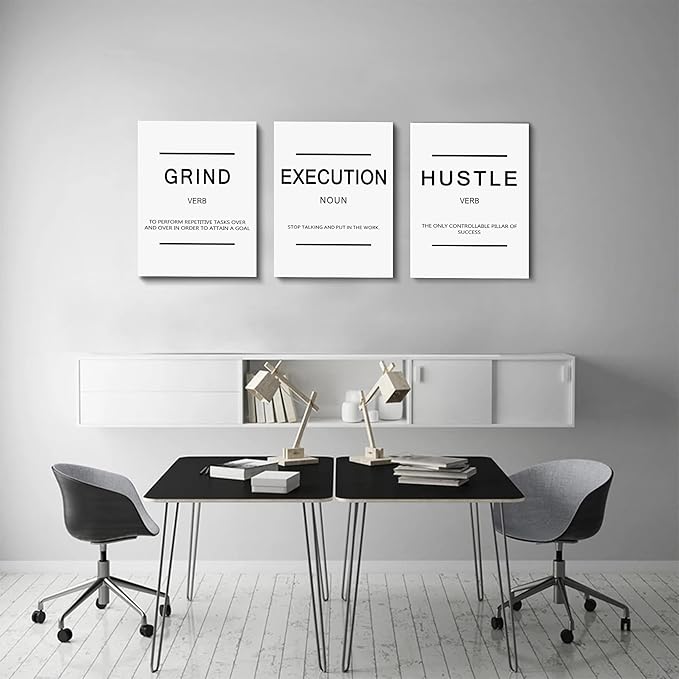 Inspirational Framed Canvas Wall Art - Grind Slogan, Success Quotes, Office Wall Art, Large Poster, Positive Motivational, Execute Poster (C-3pcs, 12x16in x3pcs)