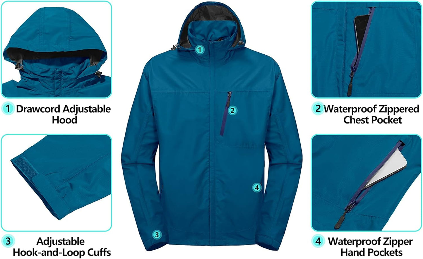 Little Donkey Andy Men's Waterproof Rain Jacket Outdoor Lightweight Hooded Raincoat for Hiking Golf Travel Fishing