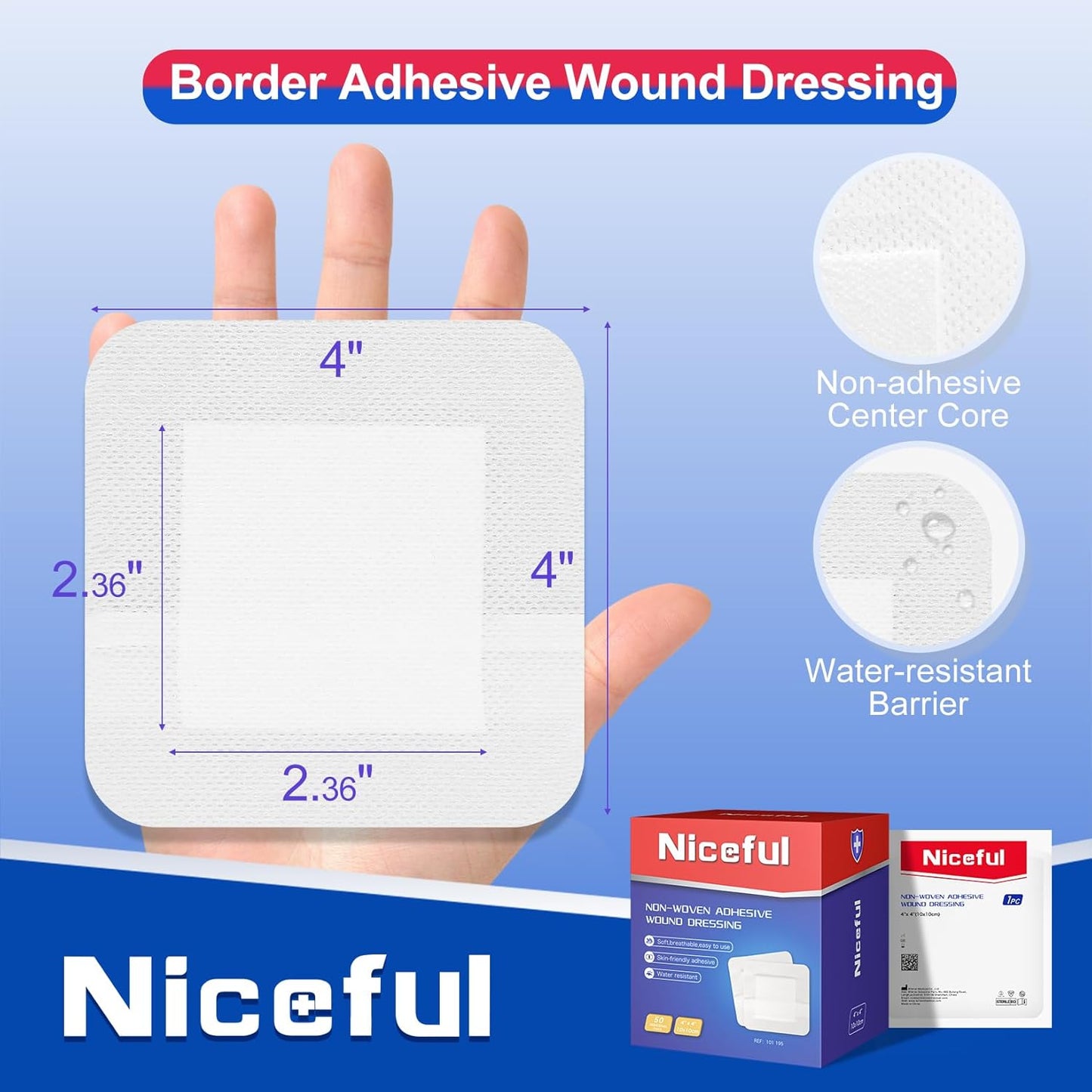 50Pcs Adhesive Gauze Island Dressing 4"x4", Water-Resistant Wound Dressing, Sterile & Absorbent Medical Grade Dressing Pad First Aid Dressing Pads