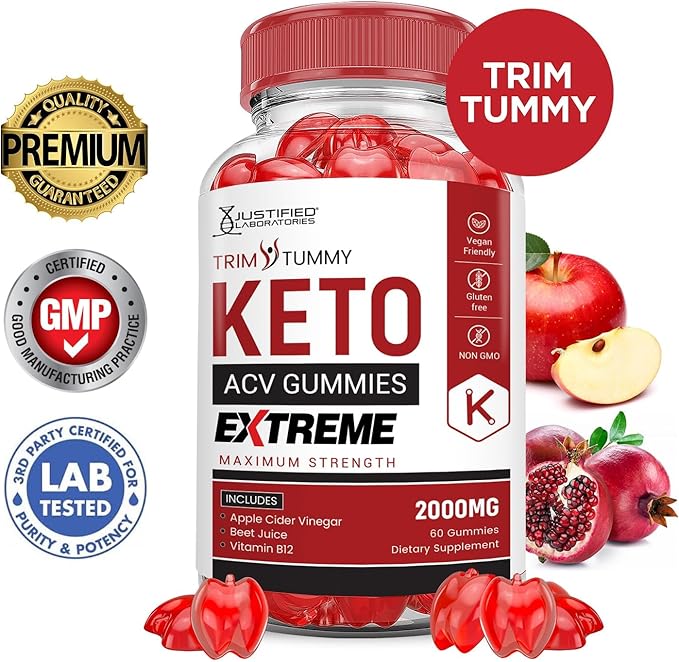 Justified Laboratories (2 Pack Trim Tummy Keto ACV Gummies Extreme 2000MG Trim Tummy Keto Gummies Apple Cider Vinegar Formulated with Pomegranate Beet Juice Powder B12 Vegan Non GMO 120 Gummys