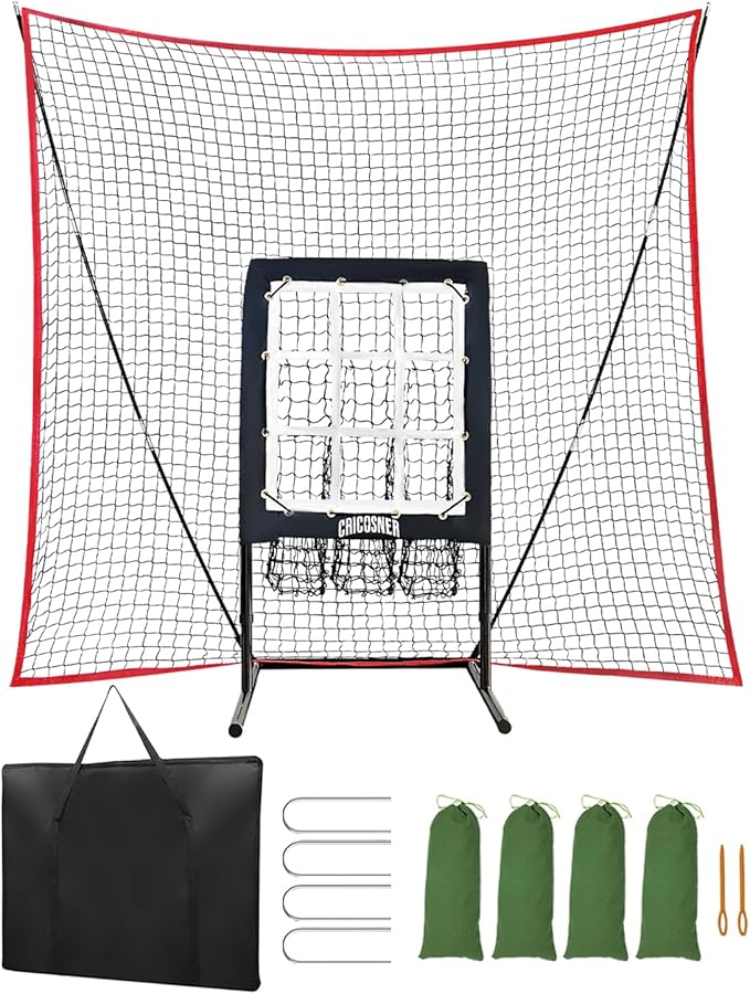 9 Hole Pitching Net, Heavy-Duty Baseball Net with Strike Zone for Pitching and Hitting, Height Adjustable Training Equipment with 9 Pocket Pitching Target for Baseball & Softball Practice