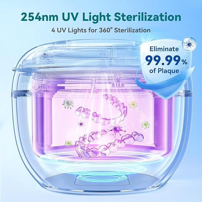 Dental Ultrasonic Retainer Cleaner Machine: 45kHz Dental Cleaning Pod for Denture, Mouth Guard, Night Guard, Aligner, Braces, Toothbrush Head & Jewelry, UV Cleaner with Digital Timer & 4 Modes, Black