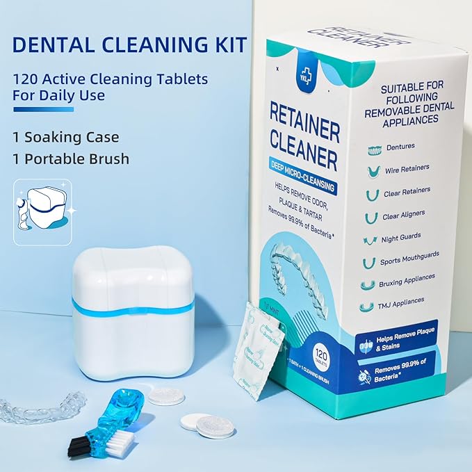 Retainer & Denture Cleaner KIt - Mouth Night Guard Whitening Case - 120 Cleanser Tablets, Guard Bath Cup