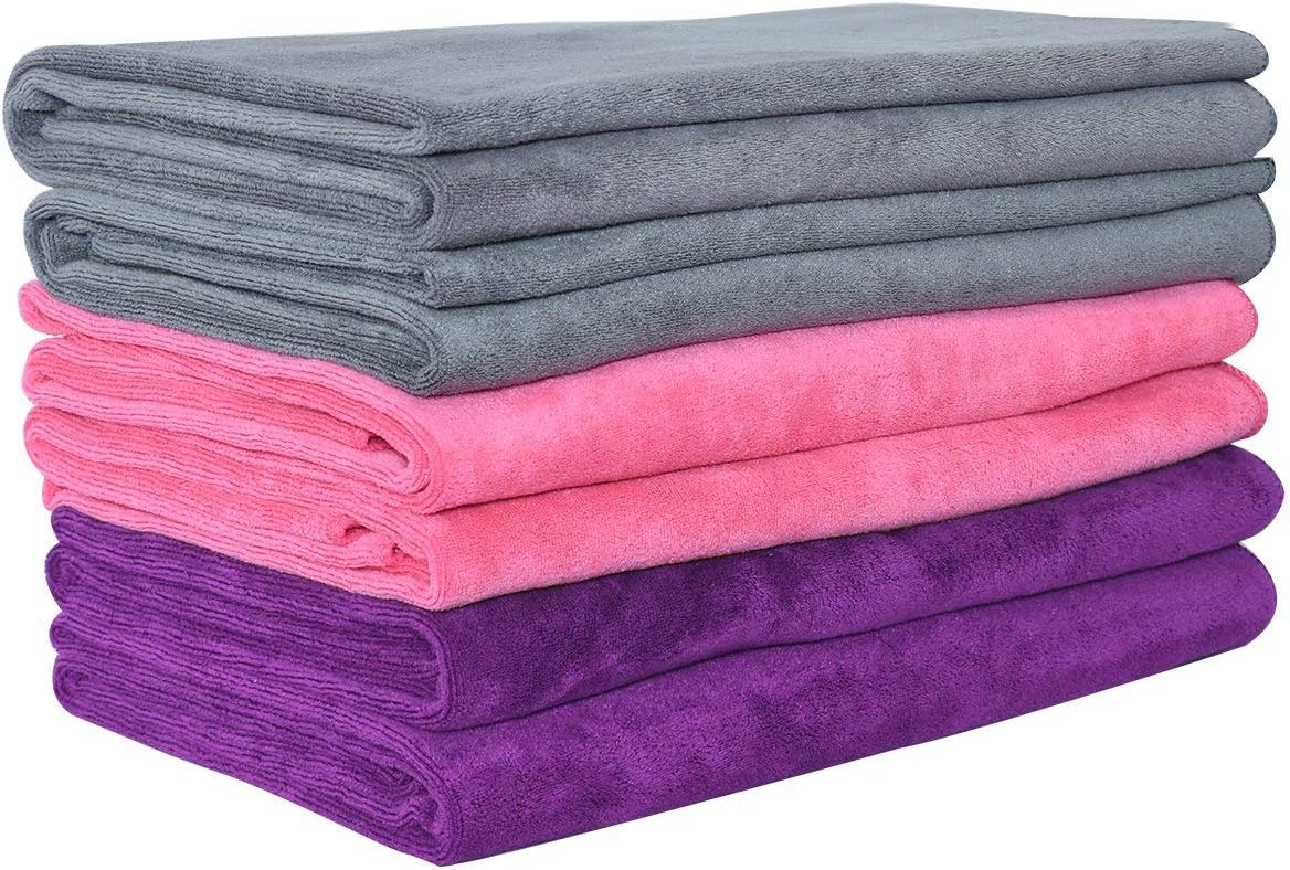 JML Microfiber Towels, Beach Towel Sets (6 Pack, 27" x 55") - Extra Absorbent, Fast Drying, Multipurpose for Bath, Swimming, Fitness, Sports, Yoga, Grey/Pink/Purple