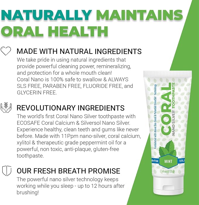 Coral Nano Silver Mint Toothpaste, Natural Fluoride Free Teeth Whitening Toothpaste, Coral Calcium Nano Silver Infused SLS Free - 4 Ounces