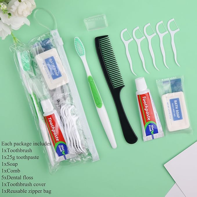 100 Set Personal Care Travel Toiletries Sets Bulk,7-in-1 Disposable Toothbrushes with Toothpaste and Floss,Comb,Soap,Cover,Zip Bag Toiletry Travel Toothbrush Kit for Homeless,Hotel,Charity
