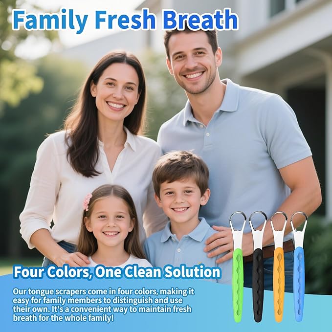 4-Pack Colorful Tongue Scraper for Adults with Travel Case, Stainless Steel, Metal Tongue Brush for Bad Breath, Oral Hygiene Tool, Easy to Use & Portable