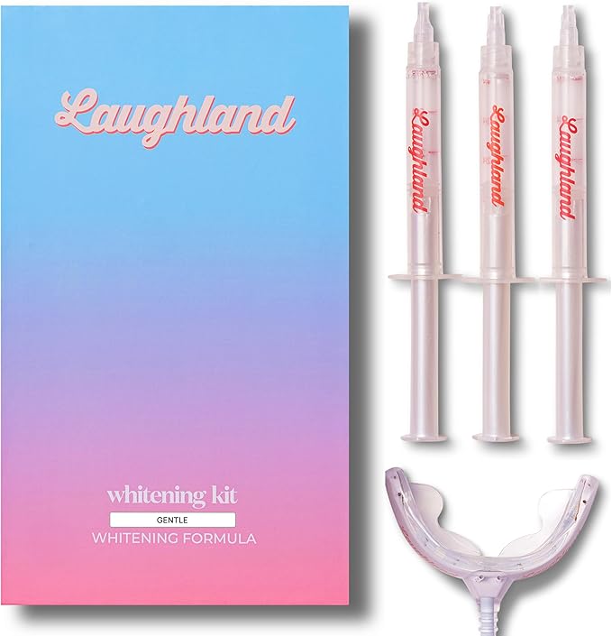 Laughland Gentle Teeth Whitening Kit, Phone-Powered LED Mouthpiece & 3 Whitening Gel Syringes, Sodium Bicarbonate, Aloe Vera & Mint, for Sensitive Teeth, at-Home Dental Care, 6+ Treatments