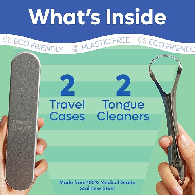 Tongue Scraper For Adults & Kids - 2 Pack Stainless Steel Tongue Scraper Travel Metal Case | Mouth Cleaner For Bad Breath Treatment | Best Disposable No Plastic Scrubber | Oral Care Hygiene Essentials