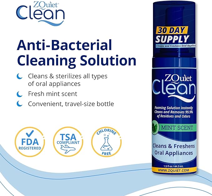 ZQuiet, Anti-Snoring Mouthpiece (Blue) + Cleaner (1.5oz Bottle), Starter Pack with 2 Sizes, Made in USA, BPA-Free, Medical-Grade Material, Clear