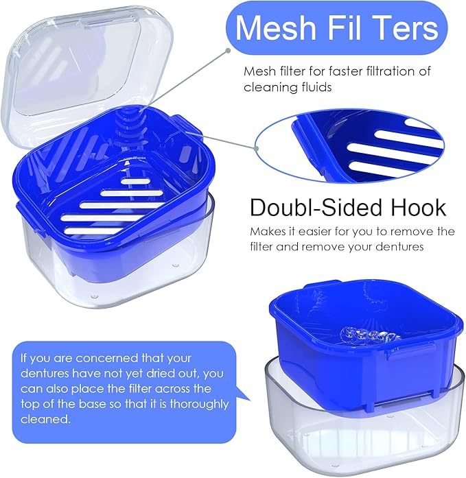 ARGOMAX Denture Case, Denture Cup for Soaking Dentures, Thorough Cleaning of Dentures, Retainer, Clear Braces (Clear Case + Dark Blue Filter and Tray).