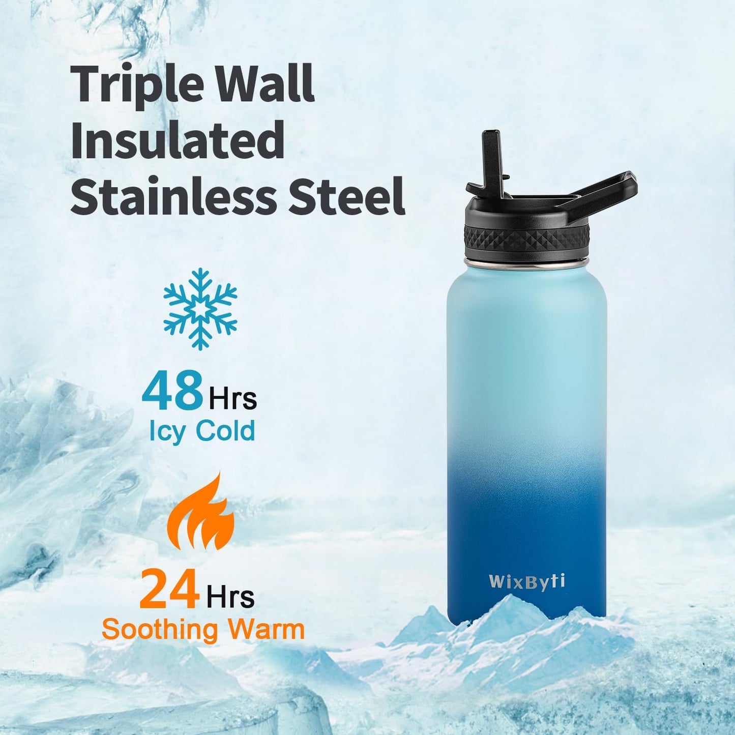 32 oz Insulated Water Bottle with Straw (Cold for 48 Hrs), Stainless Steel Triple Wall Vacuum Sports Water Jug, Leakproof Hydro Cup Flask with Paracord Handle & Straw Spout Lids & DIY Stickers