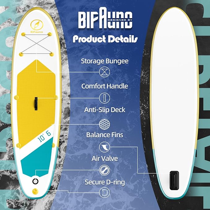 Inflatable Stand Up Paddle Board with SUP Accessories & Backpack. Paddle Boards for Adults. Non-Slip Deck, Wide Stance, Bottom Fin, Double Action Pump.