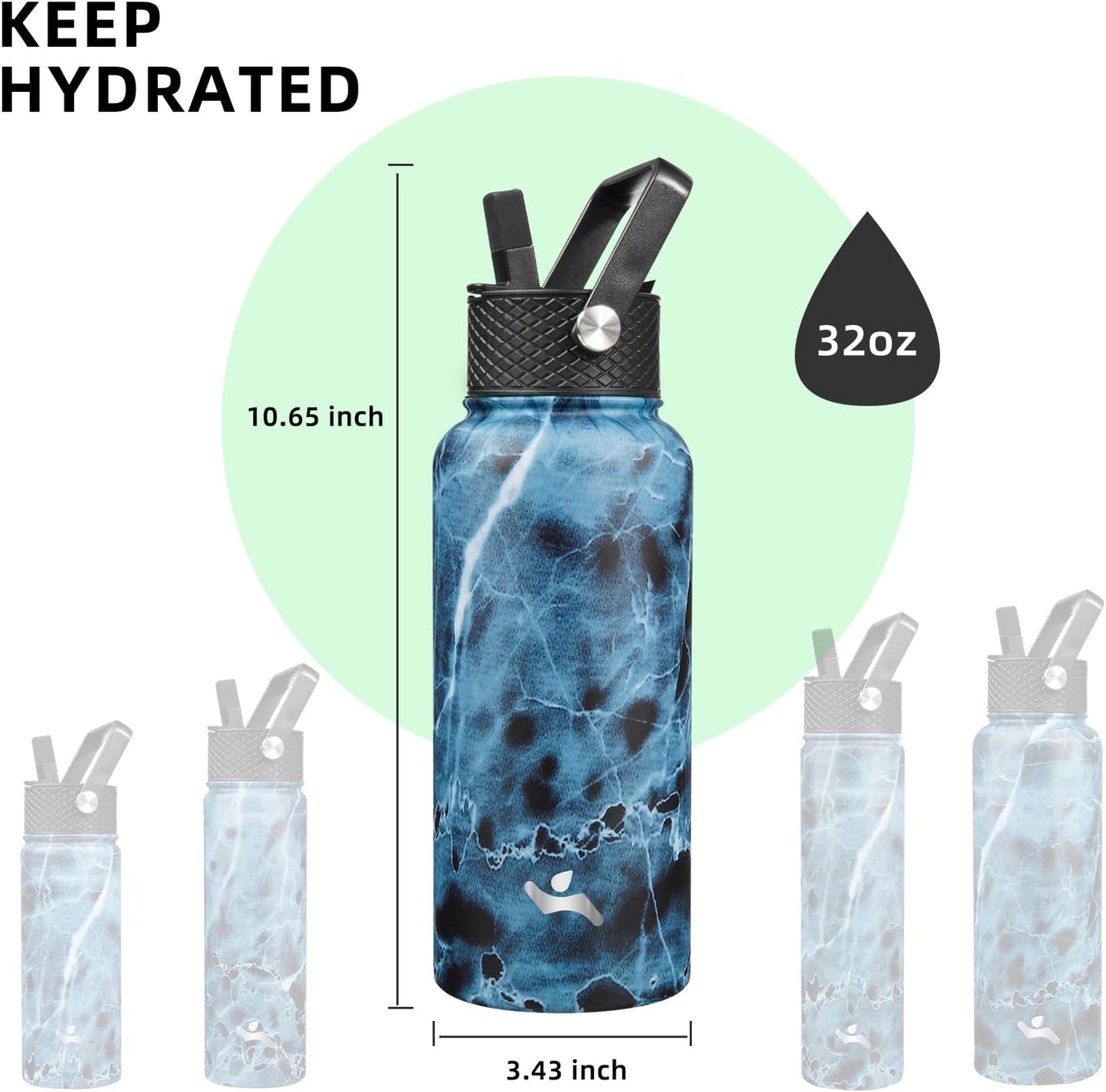 32 oz Insulated Water Bottle Stainless Steel Sport Bottles with 3 Lids,Marble Ocean