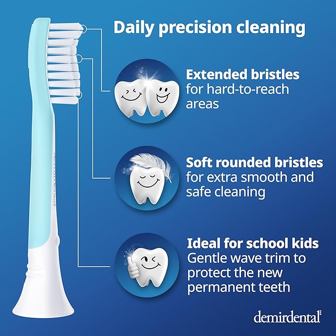 demirdental Kids Toothbrush Heads Compatible with Philips Sonicare Kids Toothbrush Heads - Replacement Heads Sensitive - Brush Heads from Ages 7 to 10 - Turquoise - Replaces HX6048-8 Pack