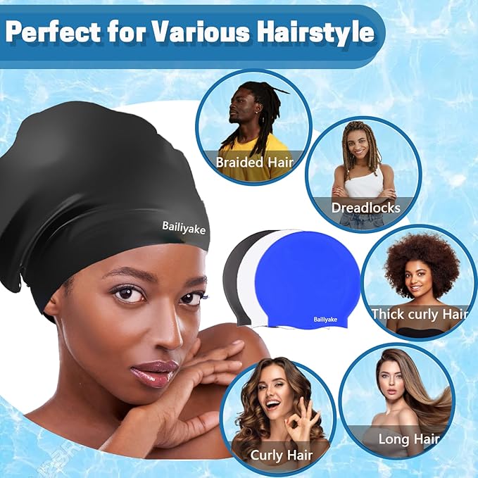 3 Pack Extra Large Swim Cap for Braids & Dreadlocks - Waterproof Silicone Swim Hat for Women with Long Thick Hair, Protective Swim Cap Cover Ears for Swimming, Shower, Bathing