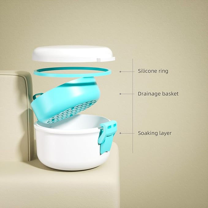 ARGOMAX Leak Proof Retainer Cleaner Case, Denture Cups for Soaking Dentures, Denture Travel Case (White+Blue).