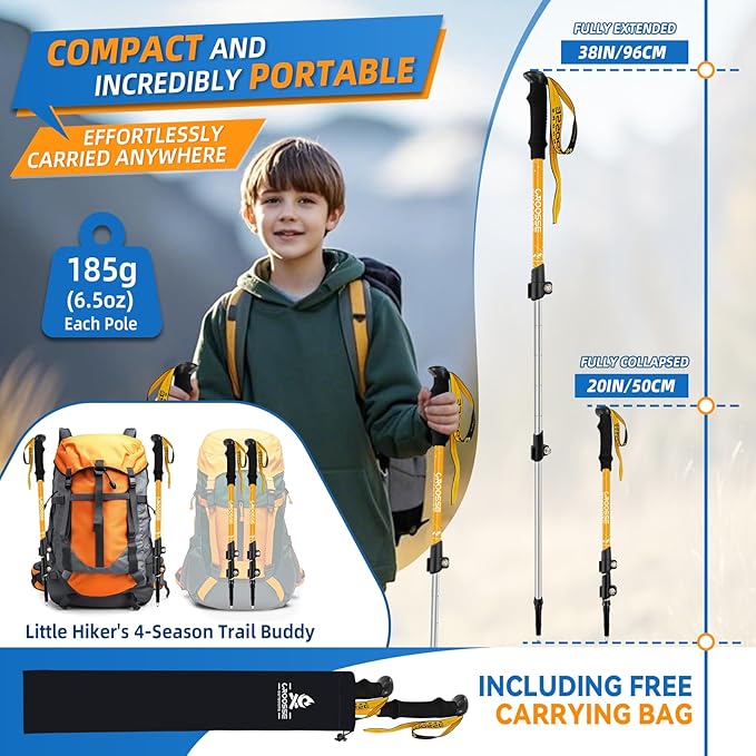 Lightweight Collapsible Kids Hiking Poles - Retractable Kids Hiking Stick, Telescoping Aluminum Trekking Poles 2 Pack, Adjustable Kids Ski Poles by Croosse