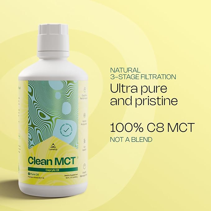 LevelUp Clean MCT Oil - 100% Caprylic C8 for Energy, Focus, Weight Management, Gut Health, Brain Superfuel - Keto Supplement for Ketogenic Coffee and Ketones - Non-GMO (32 oz)
