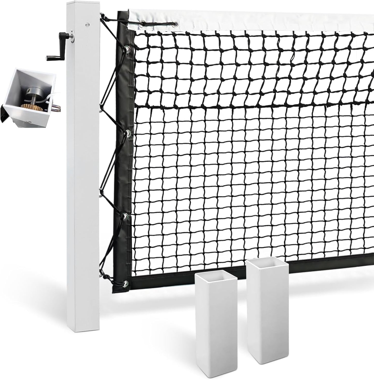 In Ground Tennis Net Set, 4'' Square Aluminum Alloy Posts and Heavy Duty Double-Layer Tennis Net, Unique Built-in Winder Design, Sturdy and Durable, Follows ITF Standards