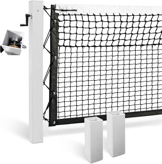 In Ground Tennis Net Set, 4'' Square Aluminum Alloy Posts and Heavy Duty Double-Layer Tennis Net, Unique Built-in Winder Design, Sturdy and Durable, Follows ITF Standards
