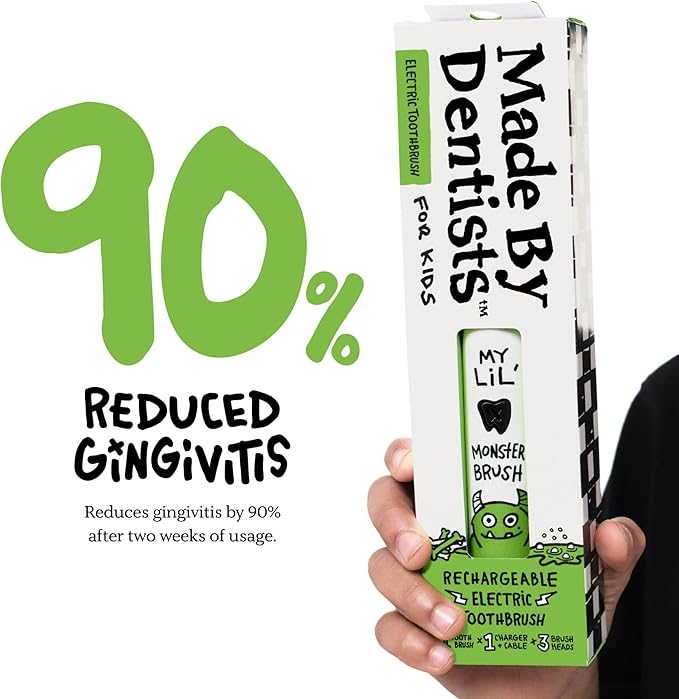 Made by Dentists Kids Electric Toothbrush - Rechargeable Vibrating Toothbrush with Timer, Includes 6 Replacement Heads, Halloween Gifts for Kids, Girls and Boys, Kid & Toddlers Age 2+, Monster