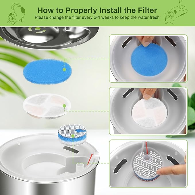 10 Pack Cat Fountain Filter Replacement for Round 2.2L/73oz Automatic Pet Water Fountain, Stainless Steel Cat Water Fountain Filters, Triple Filtration System, Activated Carbon Filters