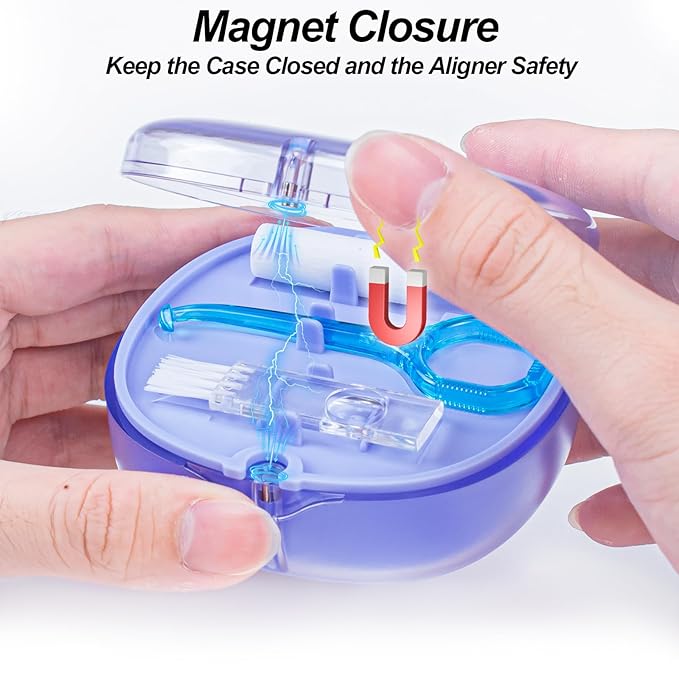 Double-layer Retainer Box Case Orthodontic Teeth Aligner Case with Mirror, Dental Night Mouth Guard Holder with Retainer Remover Tool, Chew and Brush - Secure Magnet Closure - Transparent Blue