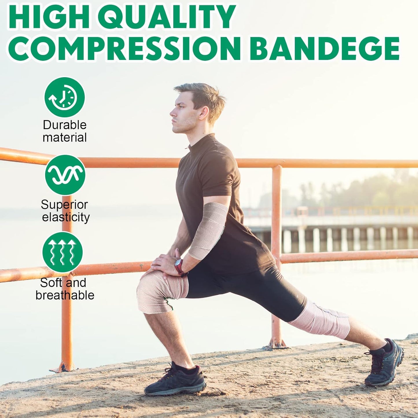 LEIFIDE 36 Pack Compression Bandage Wrap with Self Closure on Both Ends Elastic Bandage for Legs, Knees, Ankles, Wrists, Elbows, Shoulders, Athletic Stretchable Wrap(6 Inch,Green Trim)