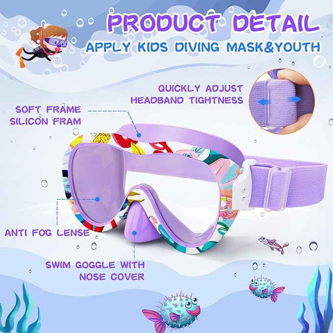 Kids Swim Goggles with Nose Cover, 180° Panoramic Snorkel Mask with Anti-Fog & Anti-Leak Design, Comfort Fabric Strap UV Protection Lens for Boys Girls Ages 3-15
