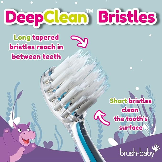 BrushBaby - WildOnes - Kids Rechargeable Electric Toothbrush, Ages 0-10 - Holly Hippo Design with Flashing Lights - DeepClean Bristles for Superior Cleaning - 2 Replacement Brush Heads, 1 USB Cable