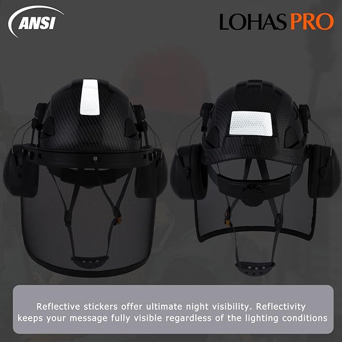 LOHASPRO Forestry Safety Helmet Chainsaw Helmet with Mesh Face Shield and Ear Muffs for Tree Logging Cutting Wood Arborist Helmet (Black Graphite Pattern with Mesh Face Shield+Earmuff)