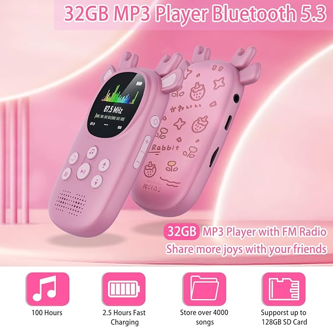 32GB MP3 Players for Kids, Cute Reindeer Portable Music Bluetooth Kid MP3 Player, Child MP3 Player with Bluetooth 5.3,Speaker, FM Radio, Alarm Clock, Voice Recorder, Stopwatch (Support up to 128GB)