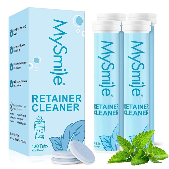 MySmile Retainer Cleaner with 120 Denture Cleaning Tablets, Quickly Remove Odors, Discoloration Stains & Plaque from Aligner, Mouth Guard, Night Guard and More Dental Appliances (Mint Flavor)
