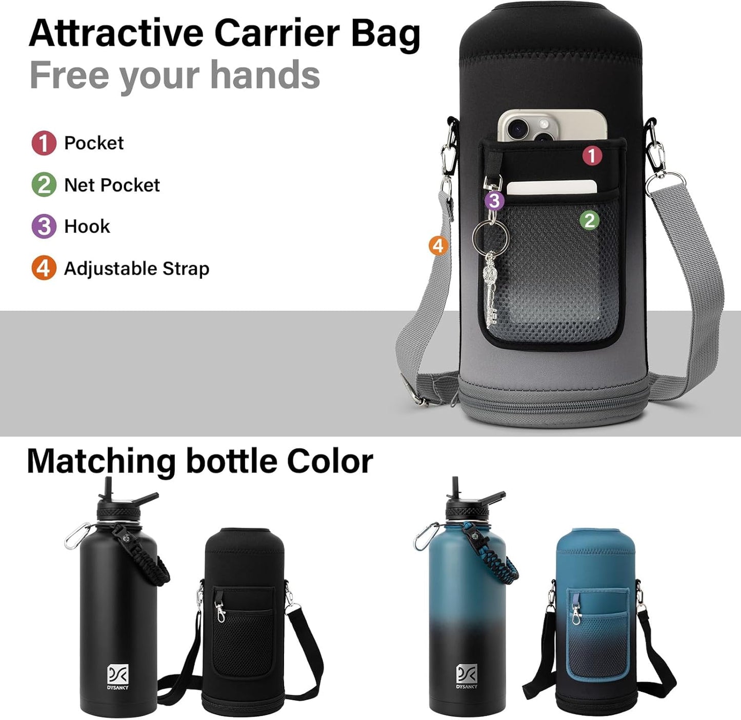 Insulated Water Bottle | Thickened Stainless Steel for Gym and Hiking with Straw, Carrier Bag, Handle Strap | BPA-Free 87 oz