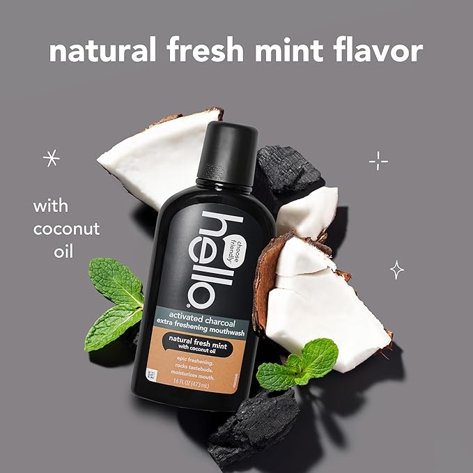 Hello Activated Charcoal Extra Freshening Mouthwash, Natural Fresh Mint and Coconut Oil, Fluoride Free, Alcohol Free, Vegan, SLS Free and Gluten Free, 16 Fl Oz (Pack of 3)