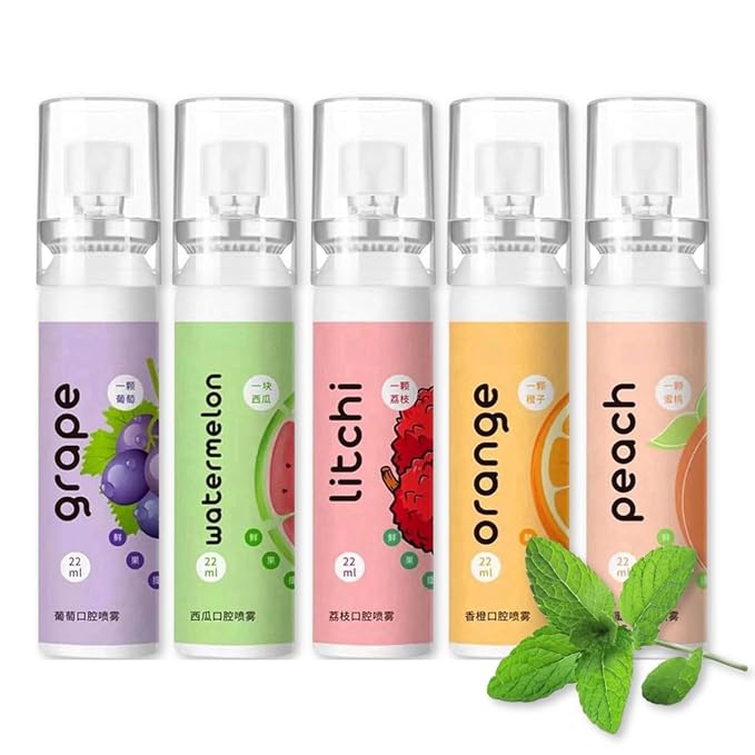 5PCS Oral Breath Spray, Natural Fresh Fruit Breath Freshener Spray, Portable Refreshing Cool Fresh Mint Dry Mouth Spray Bad Breath Treatment Oral Odor Care Spray for Adults