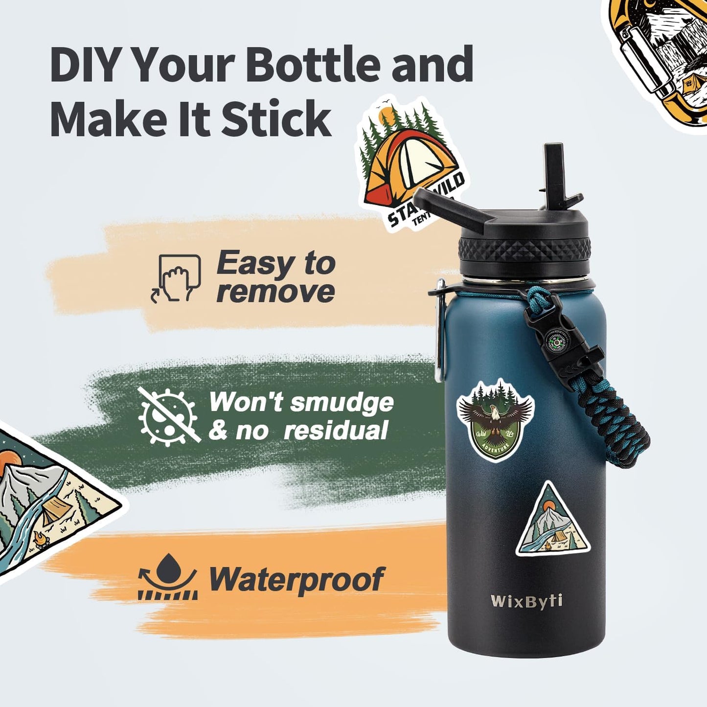 32 oz Insulated Water Bottle with Straw (Cold for 48 Hrs), Stainless Steel Triple Wall Vacuum Sports Water Jug, Leakproof Hydro Cup Flask with Paracord Handle & Straw Spout Lids & DIY Stickers