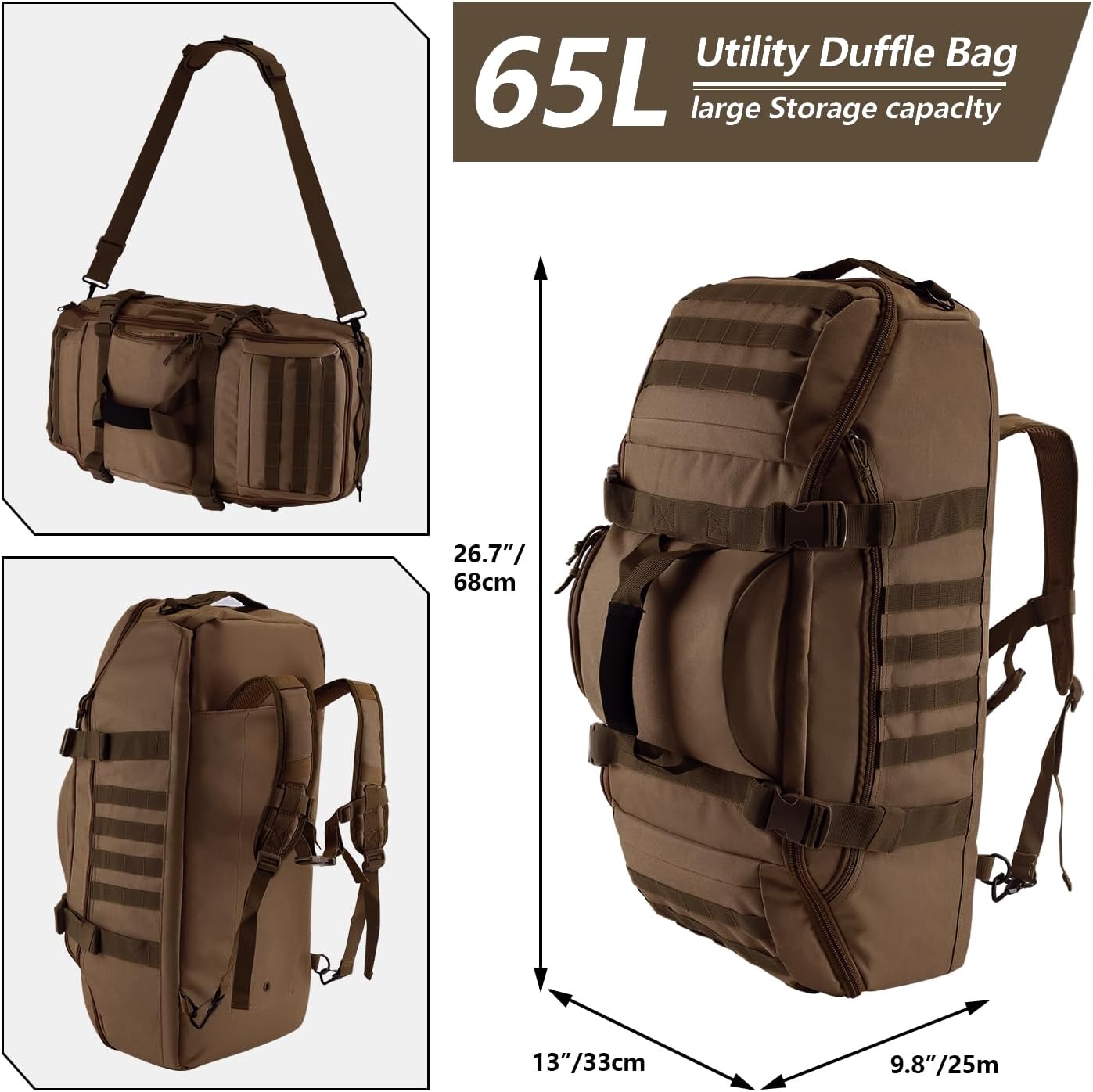 65L Large Duffle Bag, 3-in-1 Tactical Backpack MOLLE Pack for Sports, Gym, Outdoor, Dark Brown