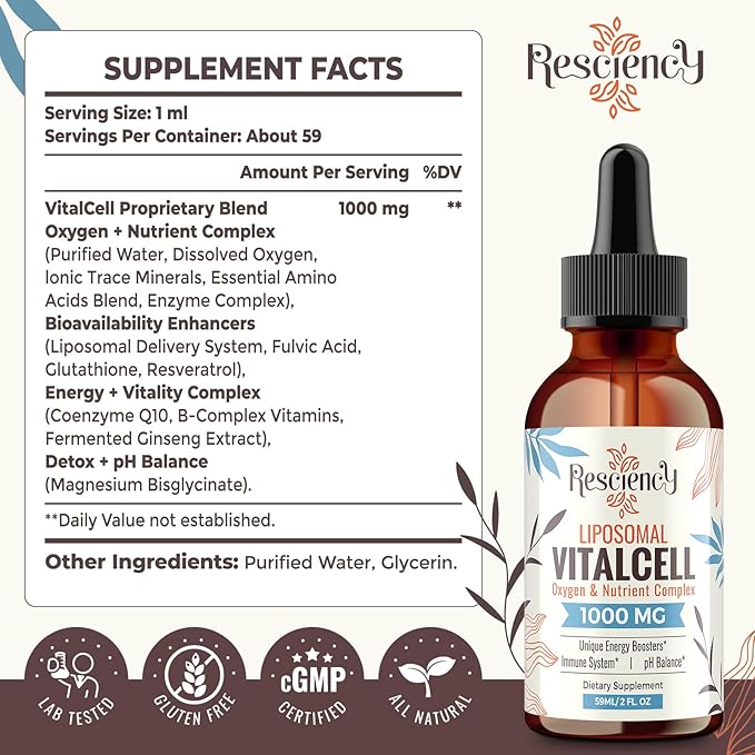 13-in-1 Liquid Oxygen & Nutrient Supplement for Energy, Altitude Support, Performance, Antioxidant, Immune, Fatigue & Detox, Liposomal for High Absorption, pH Balance, Organic, Gluten Free, 6 Fl Oz