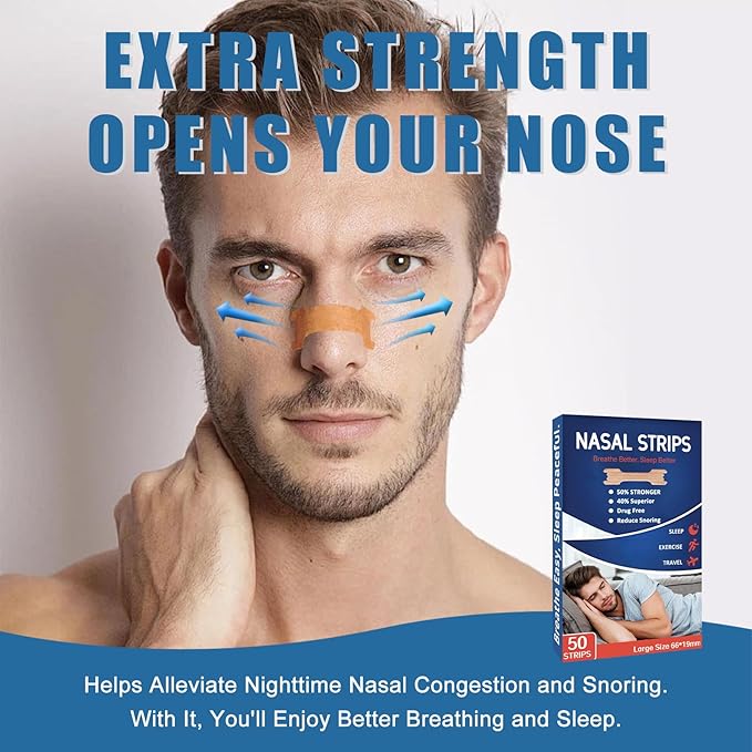Nasal Strips - 50 Count Nasal Strips for Snoring, Extra Strength Tan Nasal Breathing Strips to Improve Sleep, Instant Nasal Congestion Relief Caused by Colds & Allergies