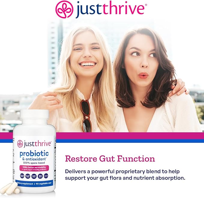 Just Thrive Probiotic & Antioxidant Supplement - 100% Spore-Based Digestive and Immune Support - Gluten Free, 90 Caps
