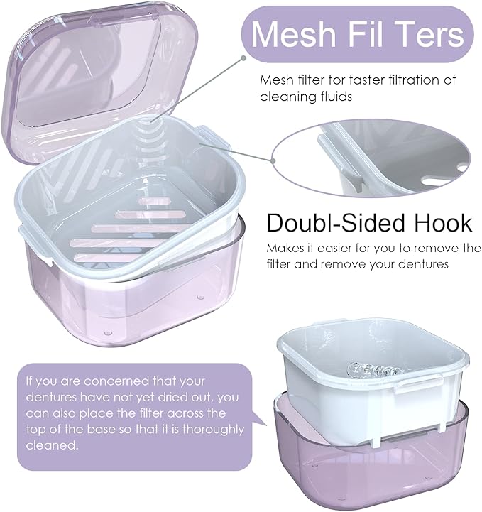 ARGOMAX Denture case, Denture Cup for Soaking dentures(Not Leak-Proof), Thorough Cleaning of dentures, Retainer, Mouthguards, Clear Braces (Purple).