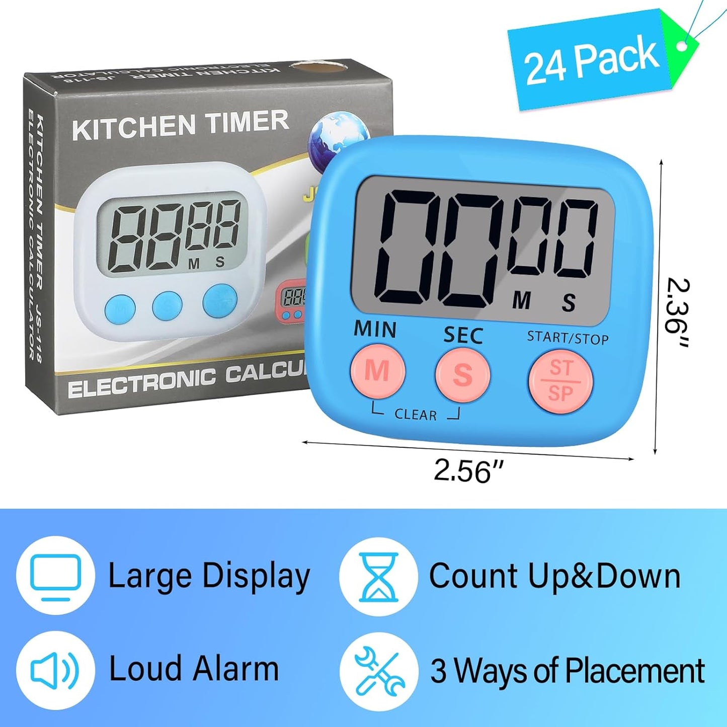 Leumoi 24 Pcs Digital Kitchen Timers Bulk Small Magnetic Timer On/Off Switch Minute Second Count up Countdown Loud Alarm for Classroom Cooking Baking(Blue)