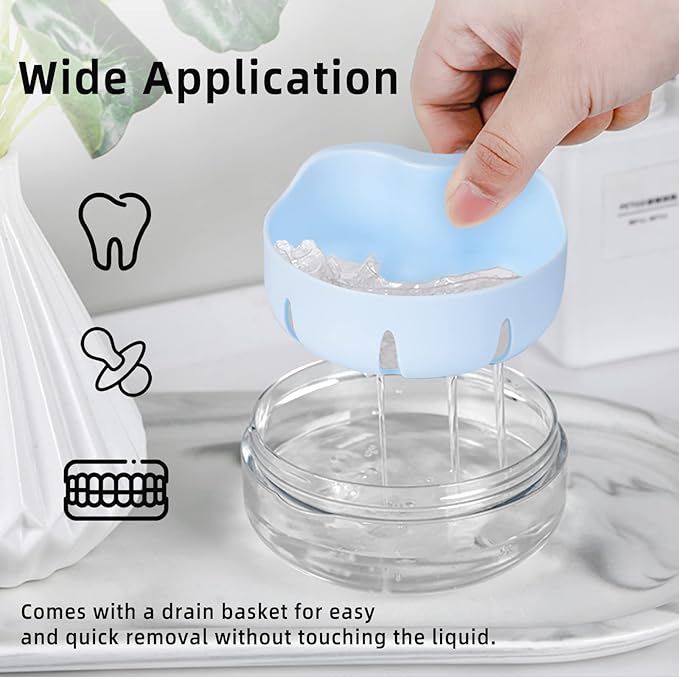 Leak Proof Denture Cup Kit Portable Retainer Case Perfect for Travel, Denture Case Container Cleaning Care for Dentures Aligner Mouth Guard with Denture Brush,Strainer, Removal Tool and Mirror