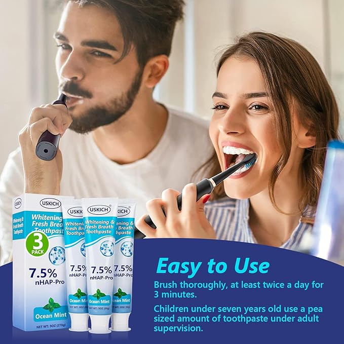 3 Pack Natural Whitening Fluoride Toothpaste,Whitening Toothpastes with Ocean Mint,Nano Hydroxyapatite Toothpaste, Appropriate for Sensitive Teeth - for Adult, Kids Oral Care,3 Oz Tubes